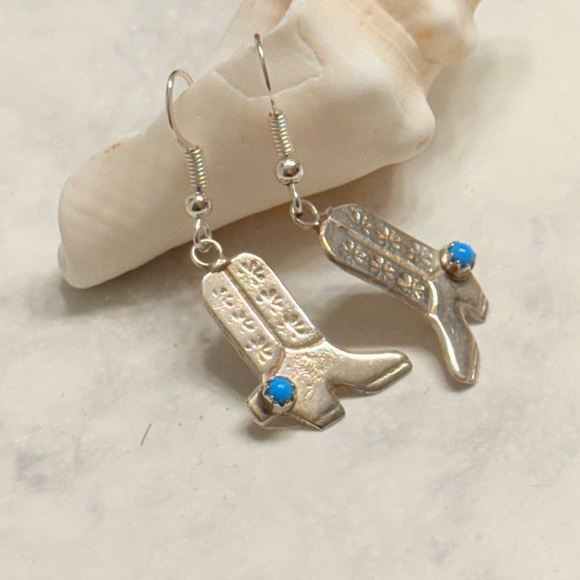 Jewelry - Silver Cowboy Boot Dangle Earrings with Blue Accents